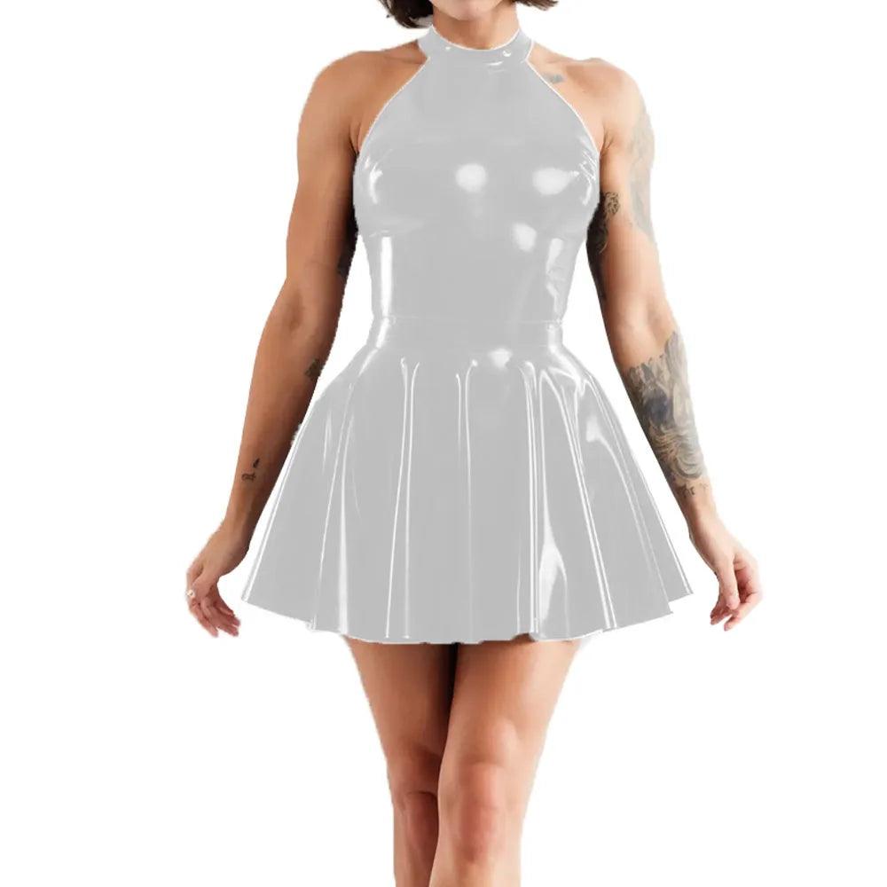 Shiny Sleeveless A-Line Pleated Mini Dress Halter Neck Skater Wet PVC Leather Swing Skirt Dress Latex-look Clubwear - Lizard Vigilante