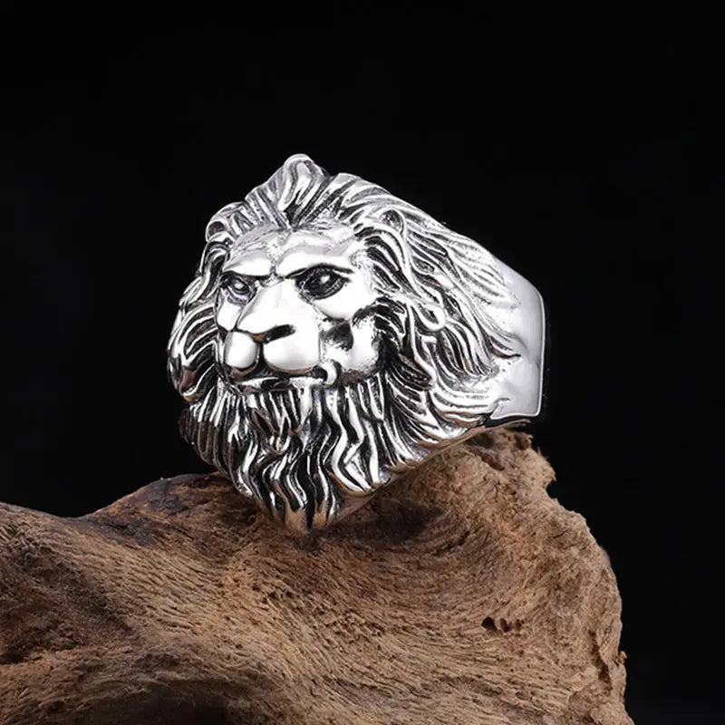 Silver High-Quality Men's Lion Head Ring – Stainless Steel Detroit Rock Punk Animal Ring - Premium ring from Lizard Vigilante - Just $28.88! Shop now at Lizard Vigilante