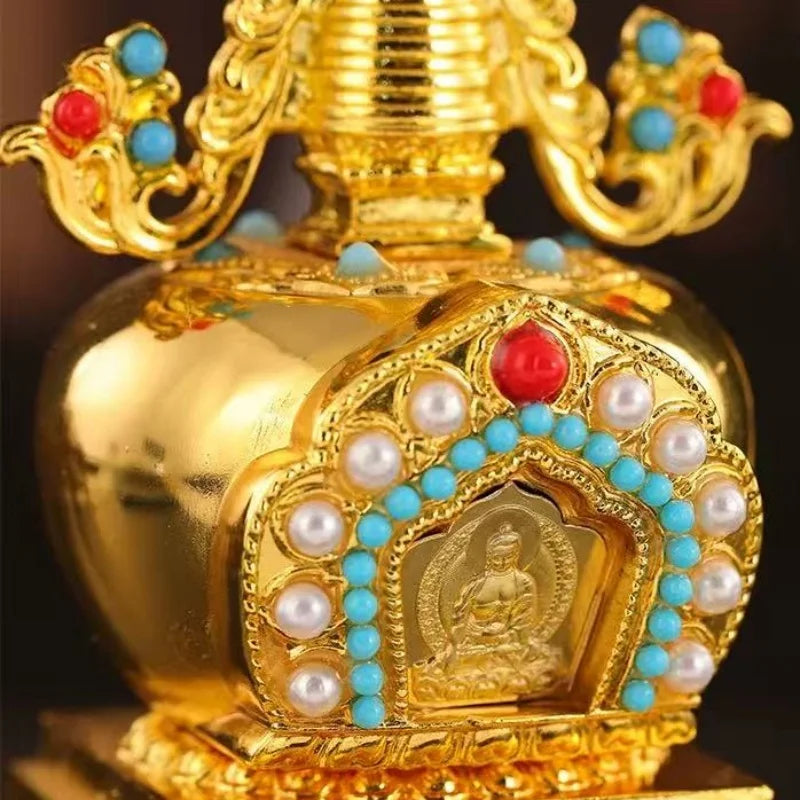 Buddha Statue Pagoda,Engraving Inlaid Gem Tibetan Alloy Double-Layer Tower,Altars Stupa,Buddhist Item Religious Decorative