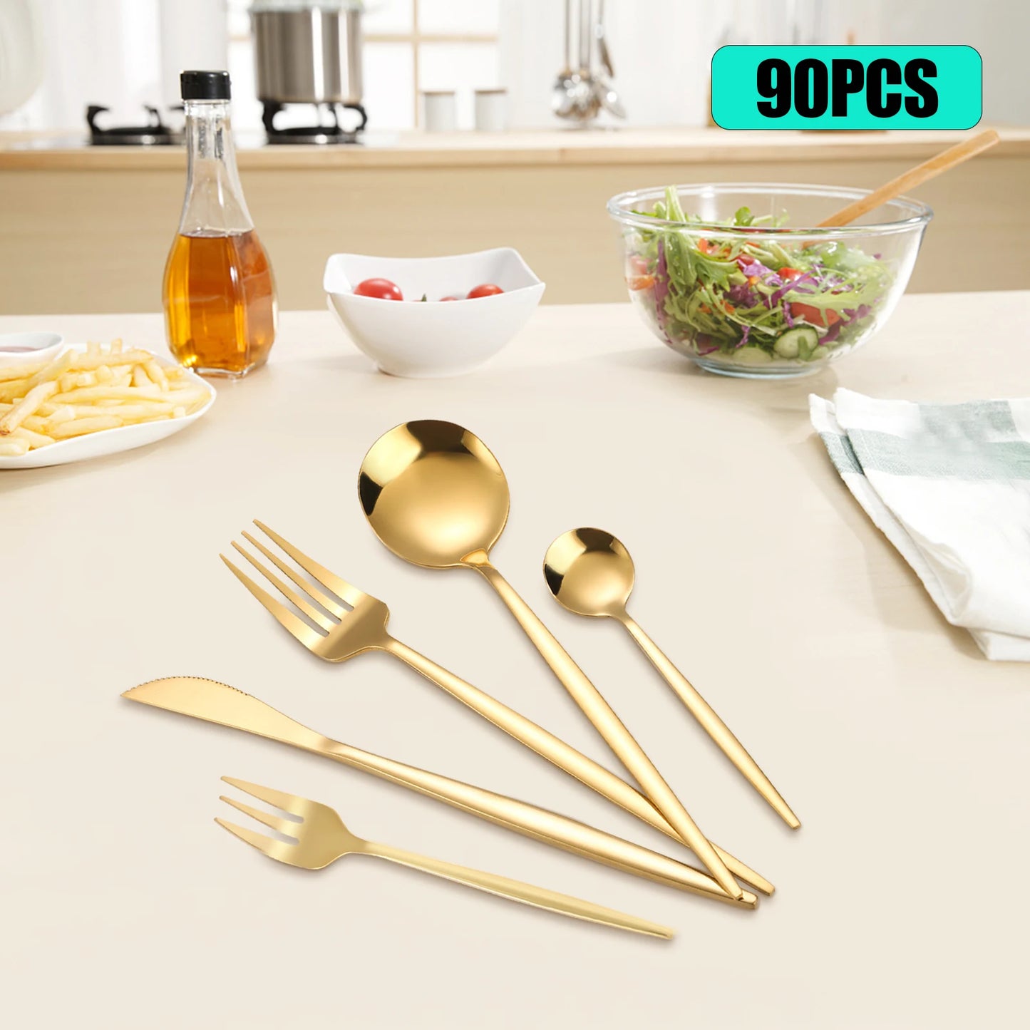 90Pcs Gold Flatware Set Stainless Steel Silverware Utensil Kitchen Tableware Forks Knives Spoons Cutlery for Home Restaurant - Premium  from Lizard Vigilante - Just $58.99! Shop now at Lizard Vigilante