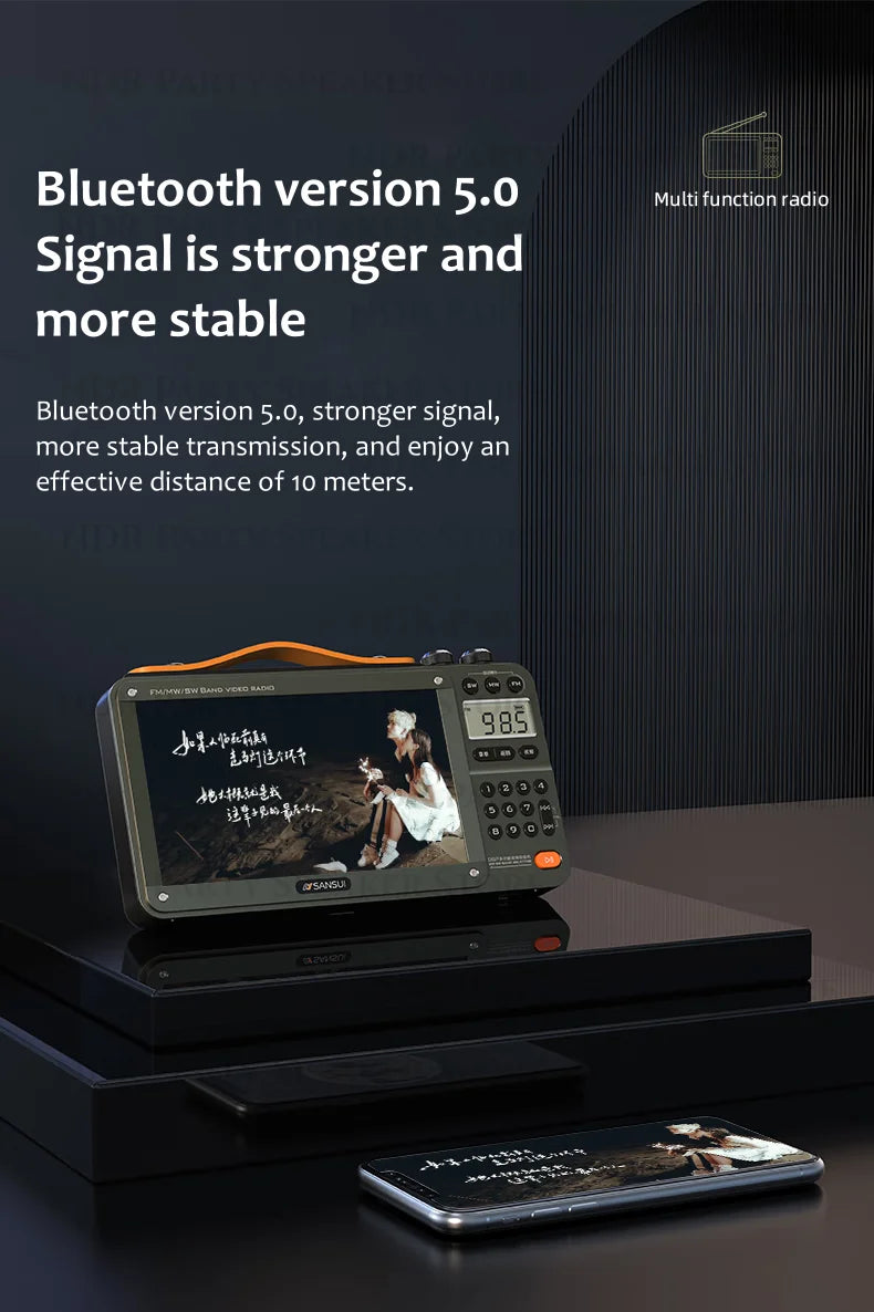 SANSUI Wireless Bluetooth Speakers Home Full-band Radio LED HD Video Player Portable MP4 Walkman Built-in Rechargeable Battery