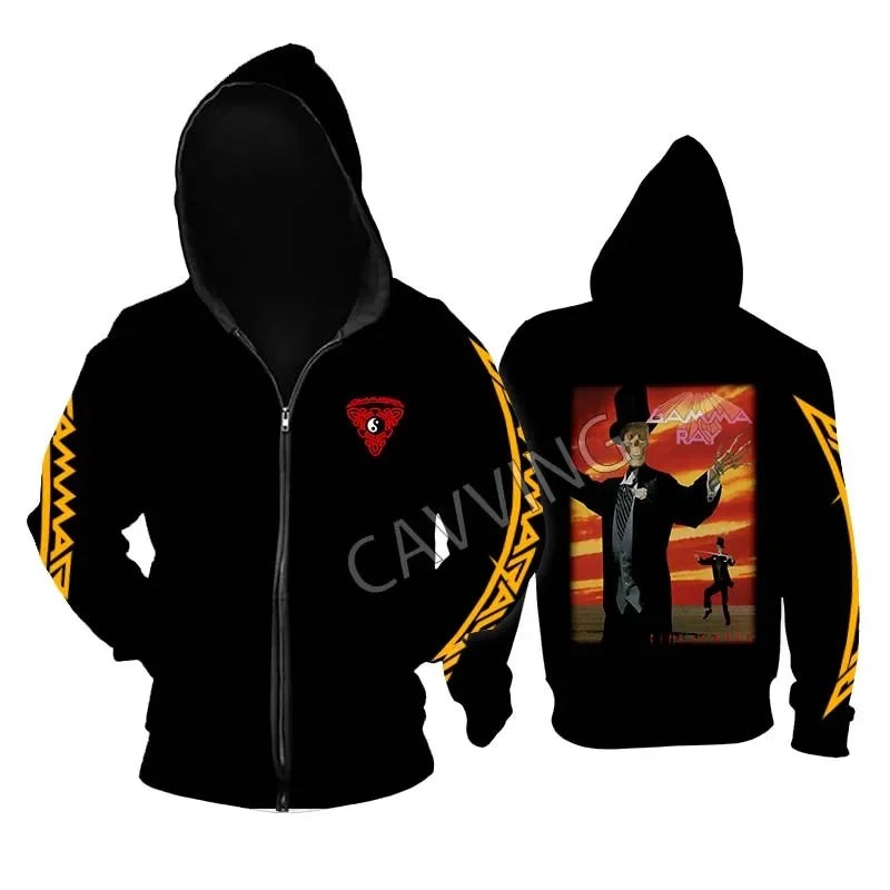 Gamma Ray Metal Rock Zipper Hoodie - Unisex Gothic Streetwear, Printed Band Logo, Casual Cotton Hooded Top - Premium hoodie from Lizard Vigilante - Just $61.08! Shop now at Lizard Vigilante