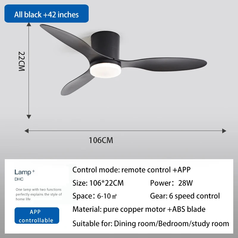 RogueWind HJ-027 Blackout Breeze Engine | 25/42/52-Inch 3-Blade Modern Ceiling Fan Light With APP + Remote + Dimming Rage Mode