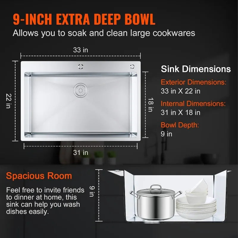 XMSJ Heavy-Duty Stainless Steel Kitchen Sink | 33"x22" Drop-In Top Mount Basin with Accessories & Quiet Design - Premium sink from Lizard Vigilante - Just $288.88! Shop now at Lizard Vigilante