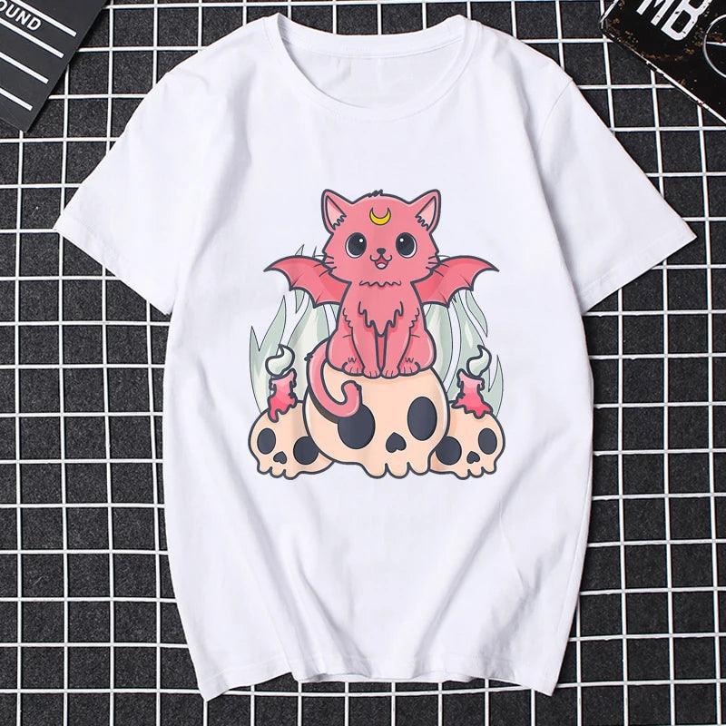 Women Halloween Pastel Goth Cute Creepy Demon Cat and Skull T Shirt Pastel Goth Creepy Cat Japanese Manga Printed T-shirt - Premium T-Shirt from Lizard Vigilante - Just $22.99! Shop now at Lizard Vigilante