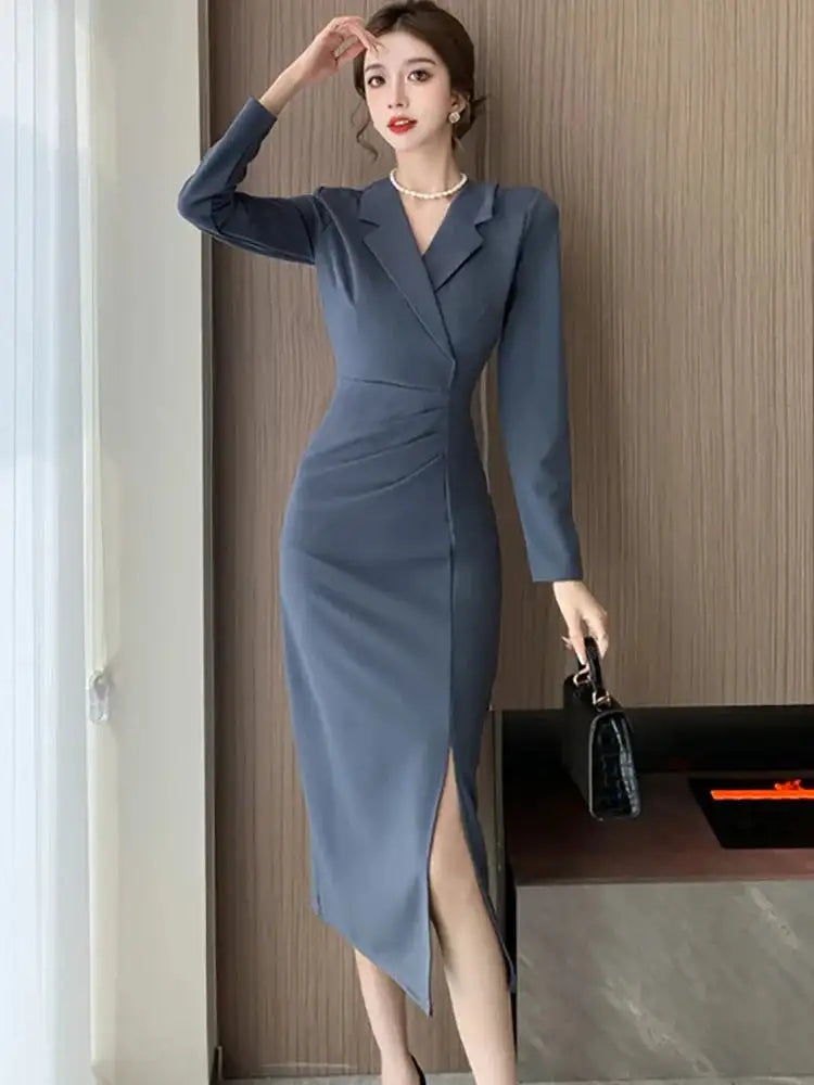 Women Pink Pleated Bodycon Formal Long Dress Autumn Winter Long Sleeve Chic Suit Dress 2025 Korean Fashion Elegant Party Dresses