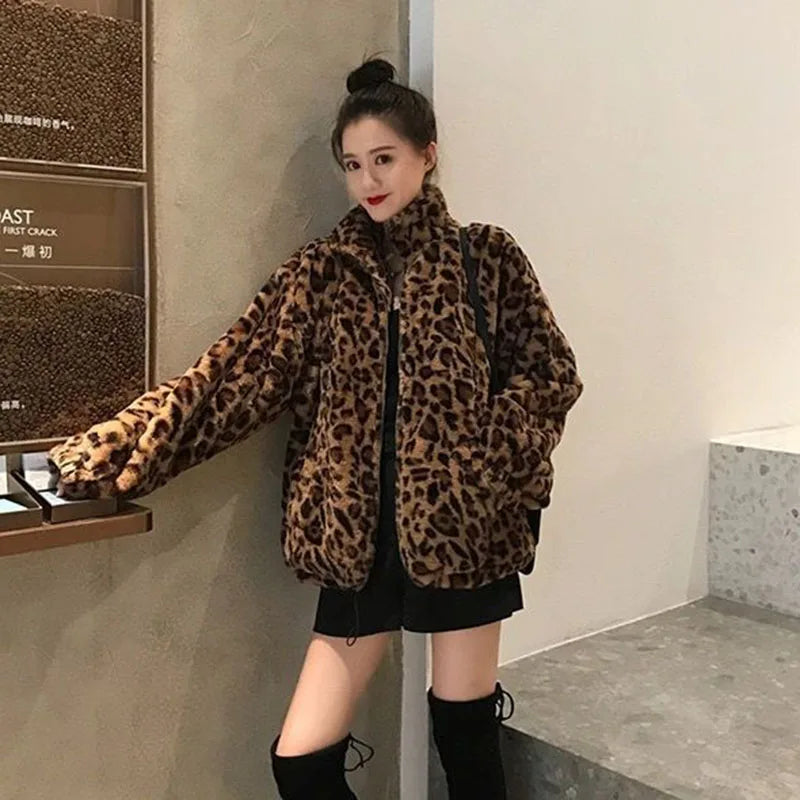 Autumn Fuzzy Leopard Print Jacket for Women – Warm Stand Collar Parka - Premium coat from Lizard Vigilante - Just $68.88! Shop now at Lizard Vigilante