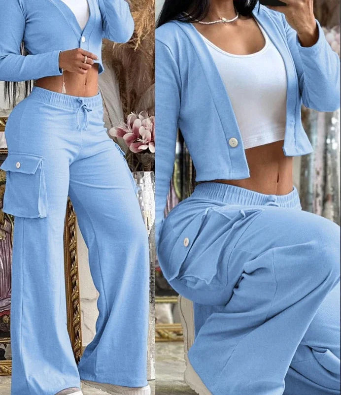 Elegant Two-Piece Women's Outfit – Autumn Cardigan & Drawstring Pants Set - Premium cardigan set from Lizard Vigilante - Just $38.88! Shop now at Lizard Vigilante