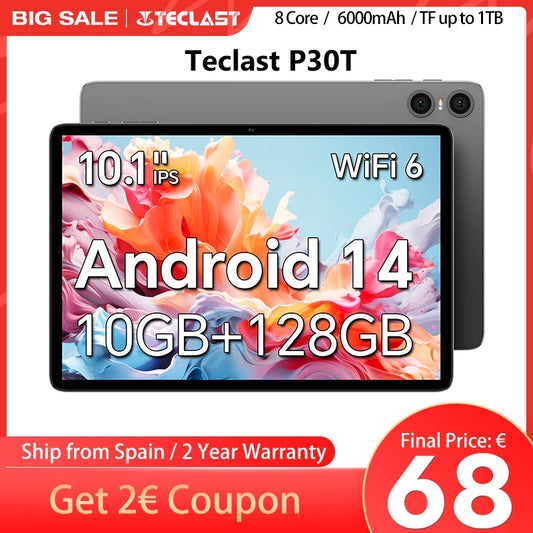 Teclast P30T Android 14 Tablet, 10.1 Inch 1280X800, Allwinner A523 Octa Core, 10Gb Ram (4Gb+6Gb Expansion), 128Gb Rom(Support Tf 1Tb), 5Mp+2Mp, 6000Mah, Type C, Wi-Fi 6, Mali G57