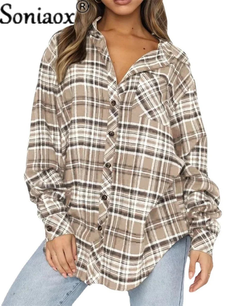 Women’s Flannel Plaid Shirt – Loose Fit Button-Up Casual Long Sleeve Blouse - Premium shirt from Lizard Vigilante - Just $42.88! Shop now at Lizard Vigilante