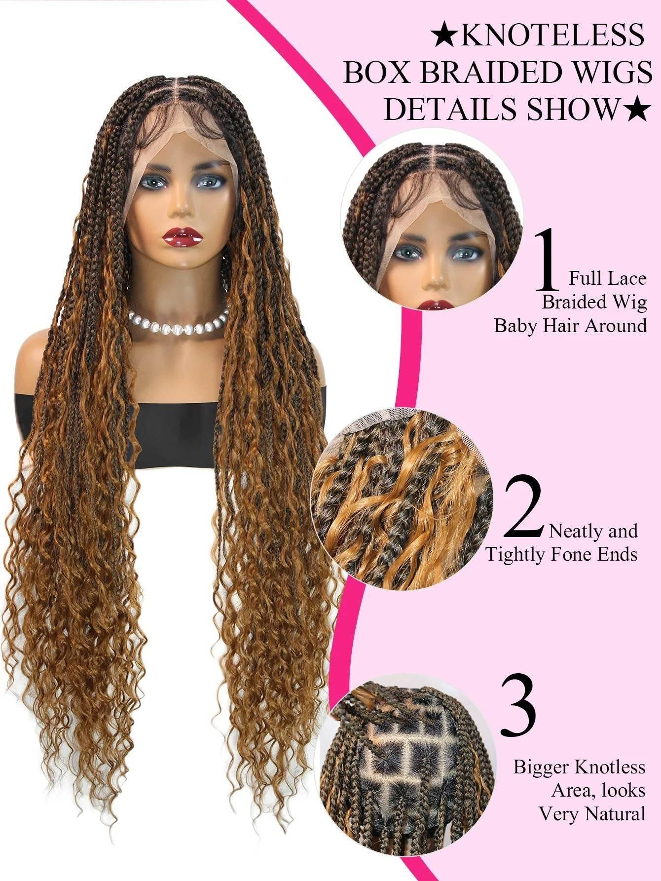 Boho Knotless Braided Wigs Synthetic Full Lace Braids With Curly Hair Ends Goddess Ombre Blonde Box Braided Wigs With Baby Hair