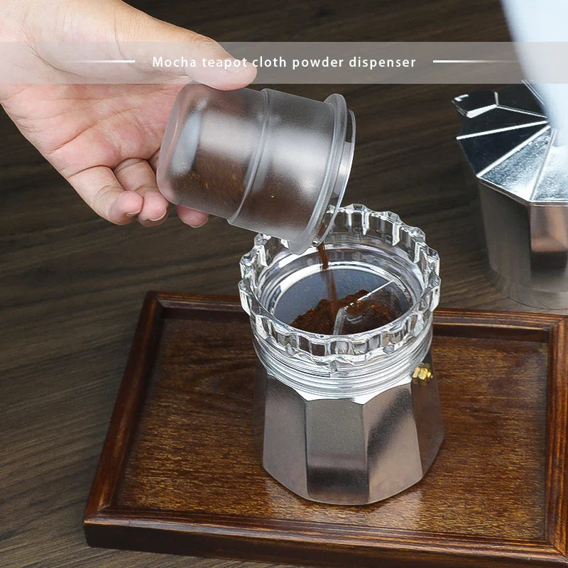 Mocha pot powder dispenser, fabric powder dispenser, powder pressing and filling tool