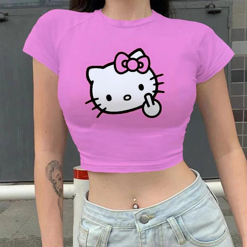 Kawaii Print Hello Kitty Y2K Crop Top | Slim Fit Women's Summer Party T-Shirt - Premium T-Shirts from Lizard Vigilante - Just $23.99! Shop now at Lizard Vigilante