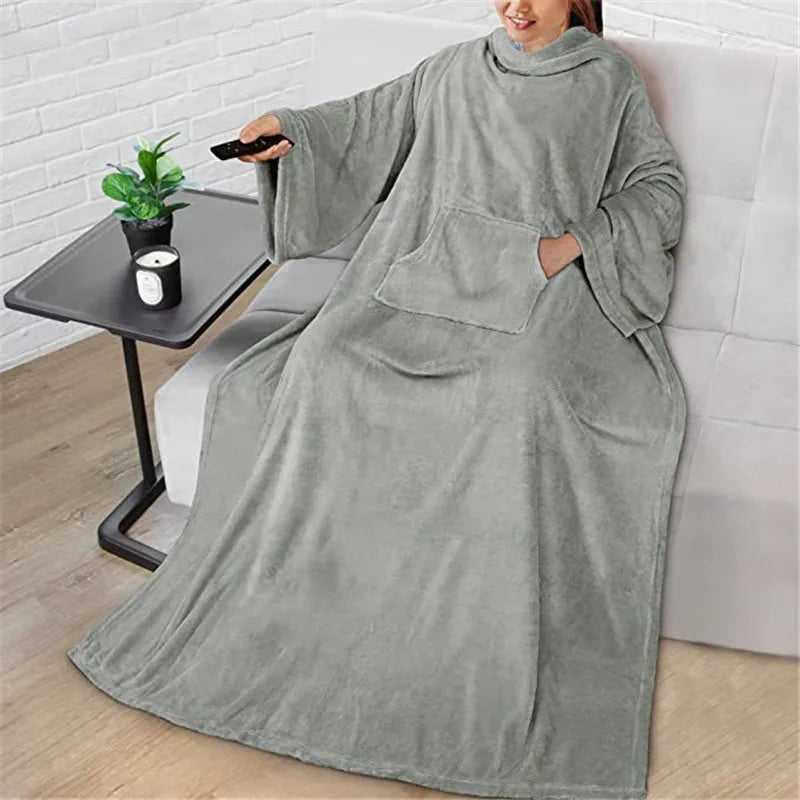 TV Sofa Blanket With Sleeve Flannel Home Wearable Blankets Men Women Multifunctional Lazy Blanket Winter Blue Adult Nap Blanket