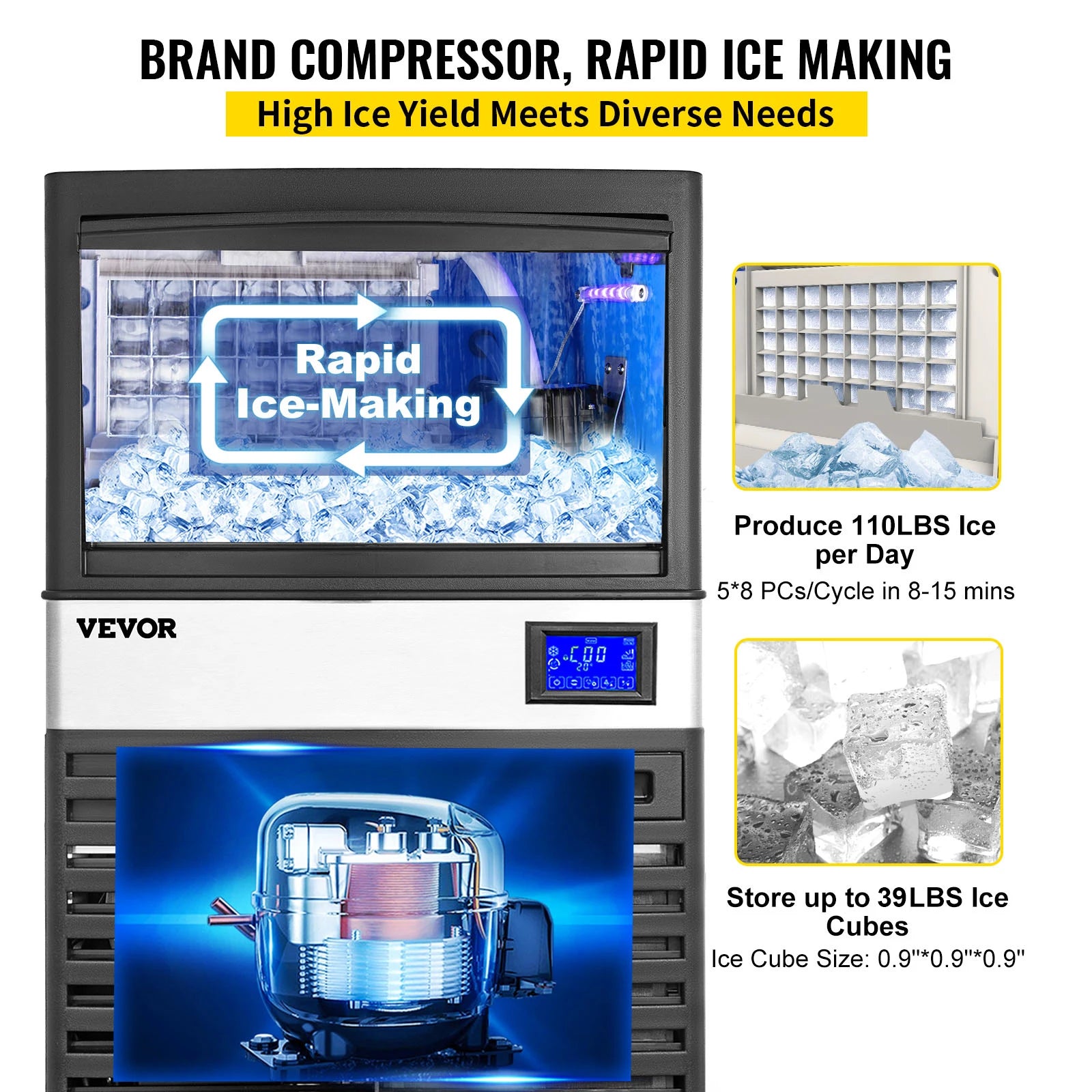 VEVOR Commercial Cube Ice Maker with Water Drain Pump 50/60/70 KG/24H Freestanding LCD Touch Screen Liquid Freezer Ice Machine - Premium  from Lizard Vigilante - Just $895.99! Shop now at Lizard Vigilante