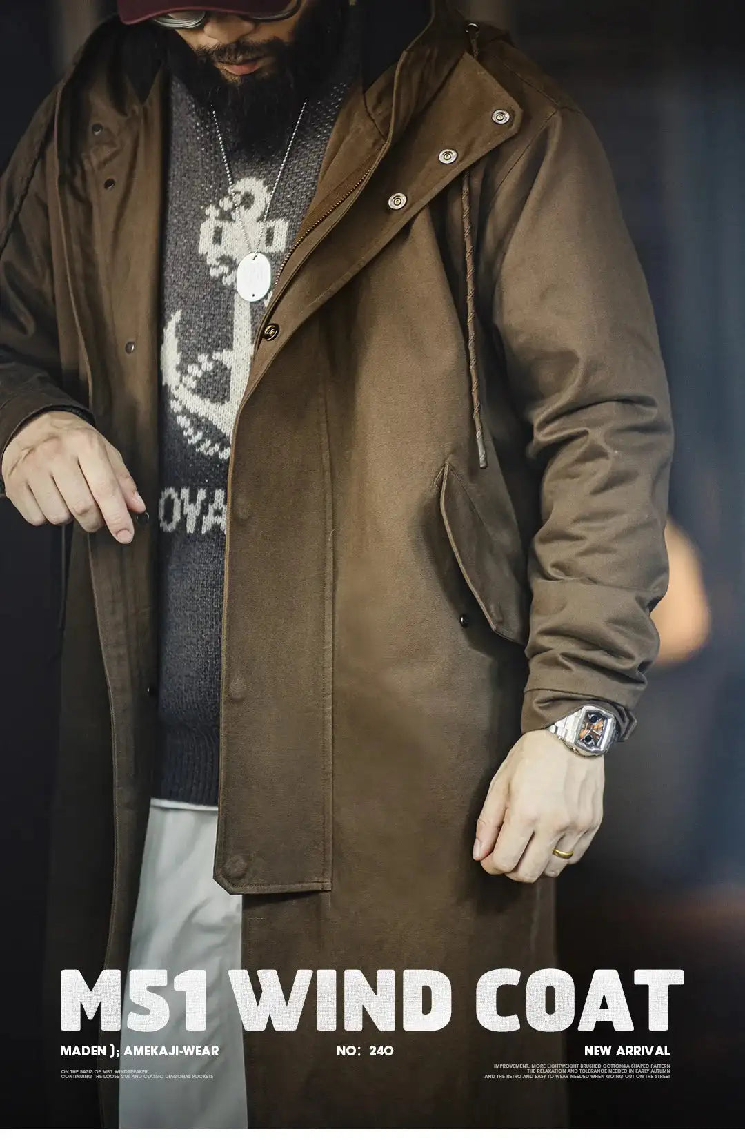 Maden Retro M51 Hooded Windbreaker Loose Fit Cotton Zipper Mid-length Jacket Versatile Solid Color Outerwear for Men's Autumn