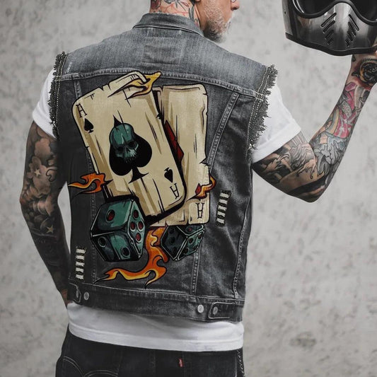 Fire Street Heavy Metal Punk Style Playing Card Ace of Spades Printing Sleeveless Vest Denim Jacket - Lizard Vigilante