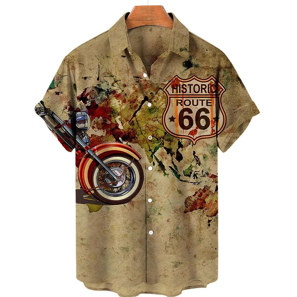 Hawaiian T-shirt Men's Shirts Route 66 Motorcycle Lapel Summer Short Sleeve American 66 Route Printed Shirt for Men Button Blouse Male Clothing - Lizard Vigilante