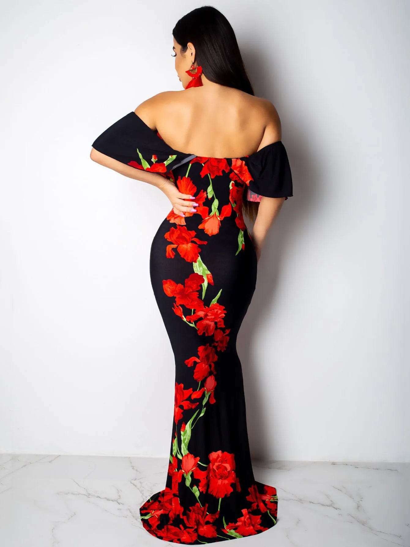 Women Rose Sunflower Floral Print Strapless Sexy Bodycon Slash Neck Off Shoulder Short Sleeve Polyester Floor Length Maxi Dress - Premium  from Lizard Vigilante - Just $51.99! Shop now at Lizard Vigilante