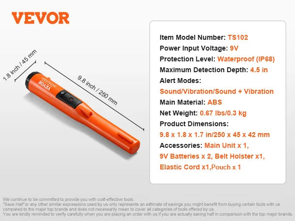 VEVOR Metal Detector Pinpointer - Waterproof Handheld Wand with 1.96"/4.5" Detection Depth & 3 Modes - Premium metal detector from Lizard Vigilante - Just $52.99! Shop now at Lizard Vigilante