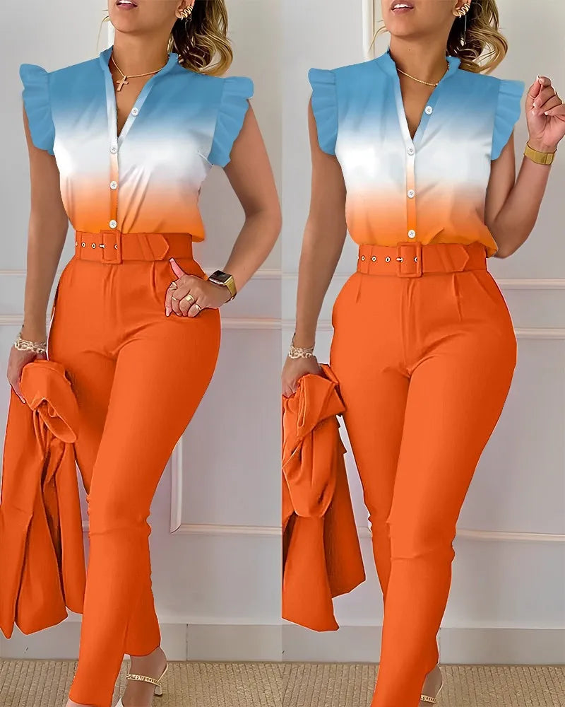 Women's Elegant Floral Slim Two-Piece Set - V-Neck Flying Sleeve Top & High-Waist Pencil Pants with Sash Belt - Premium suit from Lizard Vigilante - Just $38.88! Shop now at Lizard Vigilante