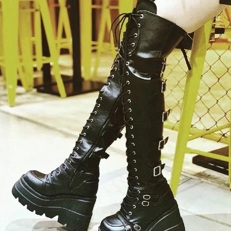 Gothic Thigh High Boots Women Platform Wedges Long Motorcycle Boot Over The Knee Army Stripper Heels Punk Rock Lace-up Belt Buckle - Lizard Vigilante