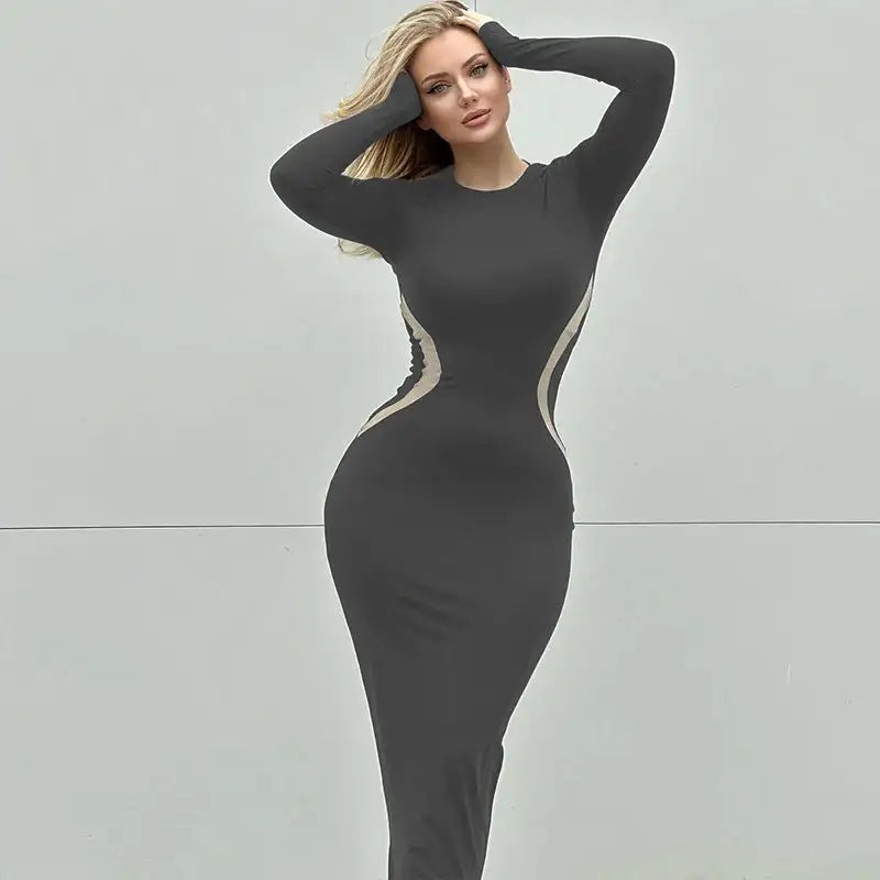 Hawthaw Women 2023 Autumn Winter Long Sleeve Party Club Streetwear Bodycon Black Long Dress Wholesale Items For Business