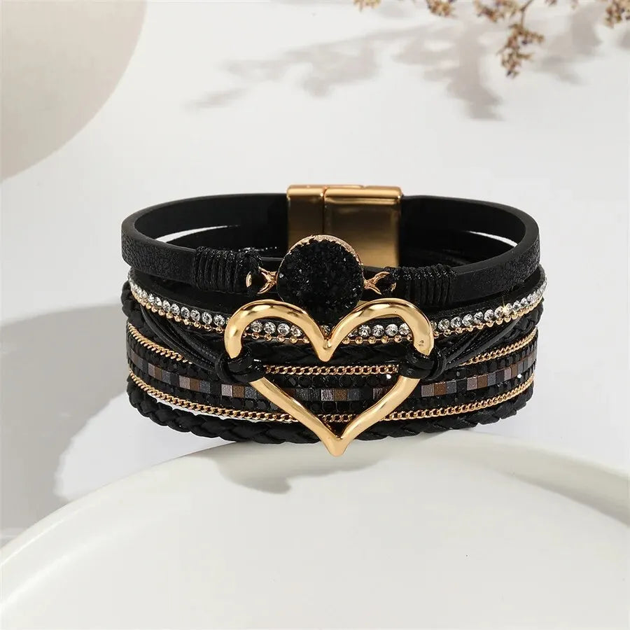 Love Heart New Metal Charm Leather Bracelets for Women Fashion Bohemian Rhinestone Resin Wrap Bracelet Bangle Couple Jewelry - Premium bracelet from Lizard Vigilante - Just $19.99! Shop now at Lizard Vigilante