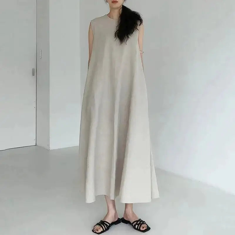 2022 Minimalist Chic Loose Swing Sleeveless Mid-length Casual Cotton Linen Long Dress  Round Neck High Waist Women Runway Dress