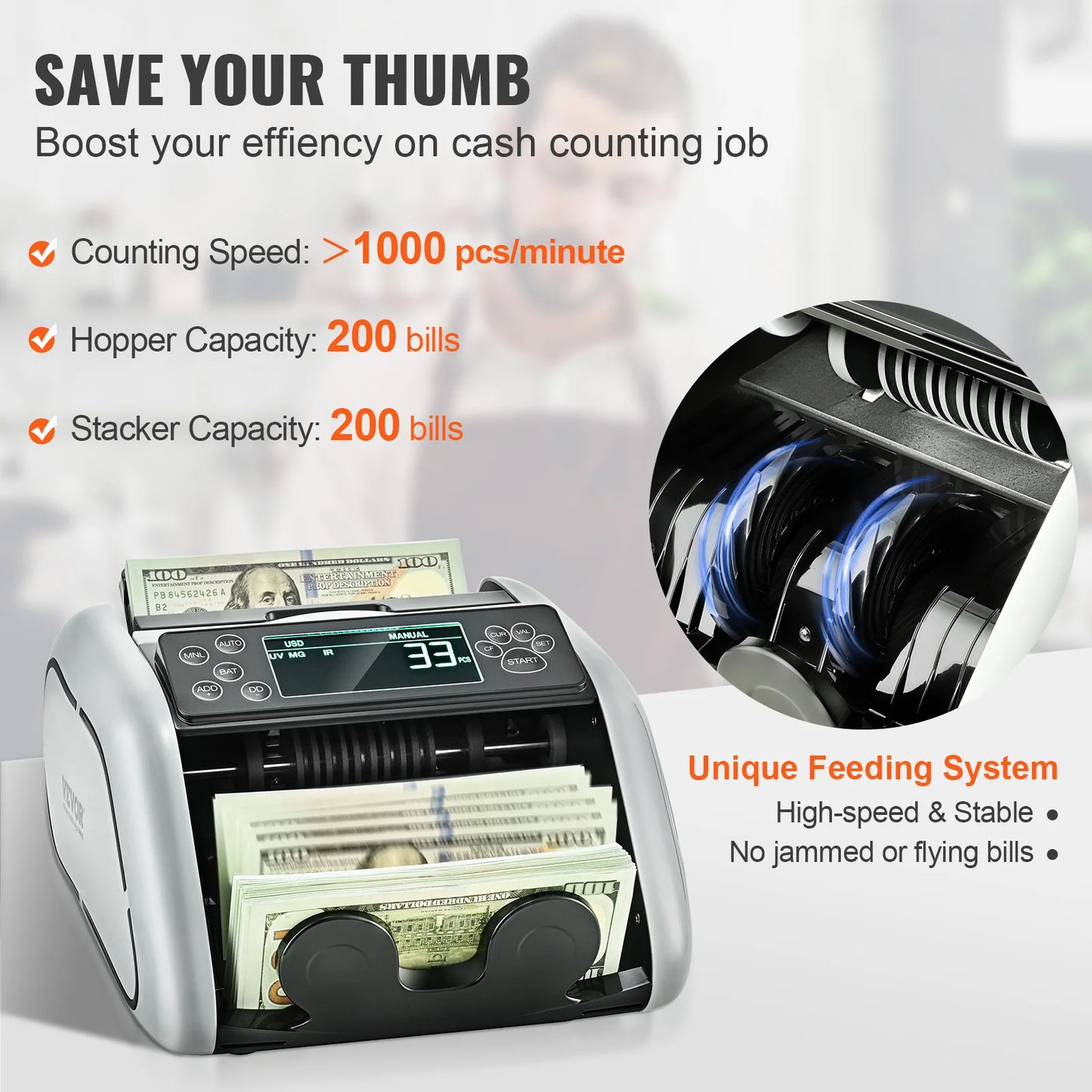 VEVOR 1000 Pcs/Min Money Counter Business Cash Register Bills Counterfeit Bill Detector by UV/MG/IR/DD Function for Bank Store - Premium  from Lizard Vigilante - Just $130.99! Shop now at Lizard Vigilante