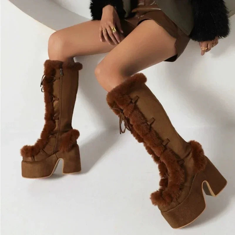 Platform Furry Winter Boots – Gothic Mid-Calf Boots for Women - Premium boots from Lizard Vigilante - Just $88.88! Shop now at Lizard Vigilante