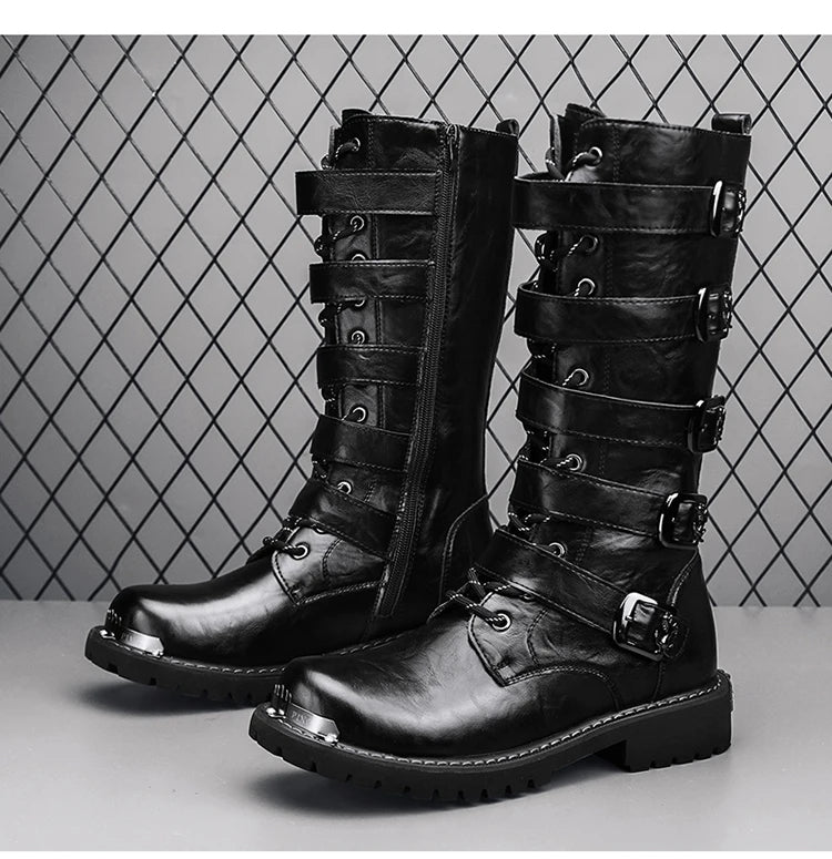 DEADFUEL BLACKOUT: Men’s Mid-Calf Leather Motorcycle Boots with Zip Buckle – Streetwear Punk Cowboy Tool Boots for Winter Chaos - Premium boots from dsers - Just $135.99! Shop now at Lizard Vigilante