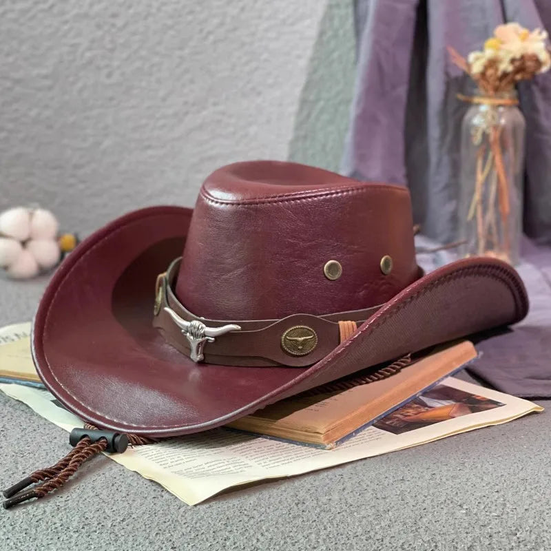 Faux Leather Western Cowboy Hats For Women Men Vintage Gentleman Dress Hats Panama Cowgirl Jazz Cap Sombrero Hombre - Premium  from Lizard Vigilante - Just $17.99! Shop now at Lizard Vigilante