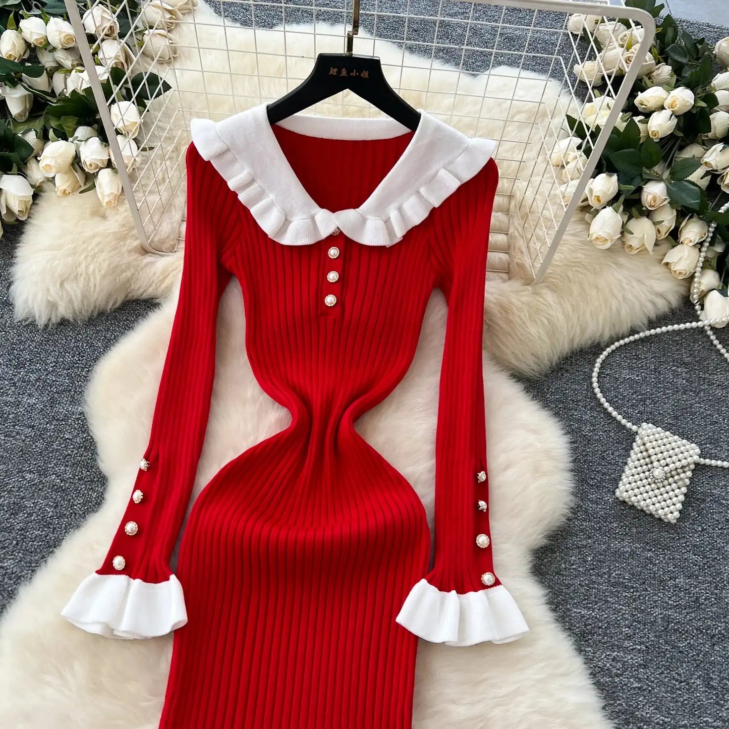 SINGREINY 2024 Hotsweet Slim Autumn Dress Women Peter pan Collar Long Sleeves Patchwork Preppy Style Mermaid Sweater Long Dress