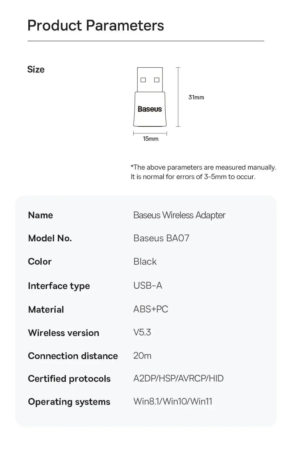 Baseus USB Bluetooth Adapter Bluetooth 5.3 Dongle Adaptador for PC Laptop Wireless Speaker Audio Receiver USB Transmitter