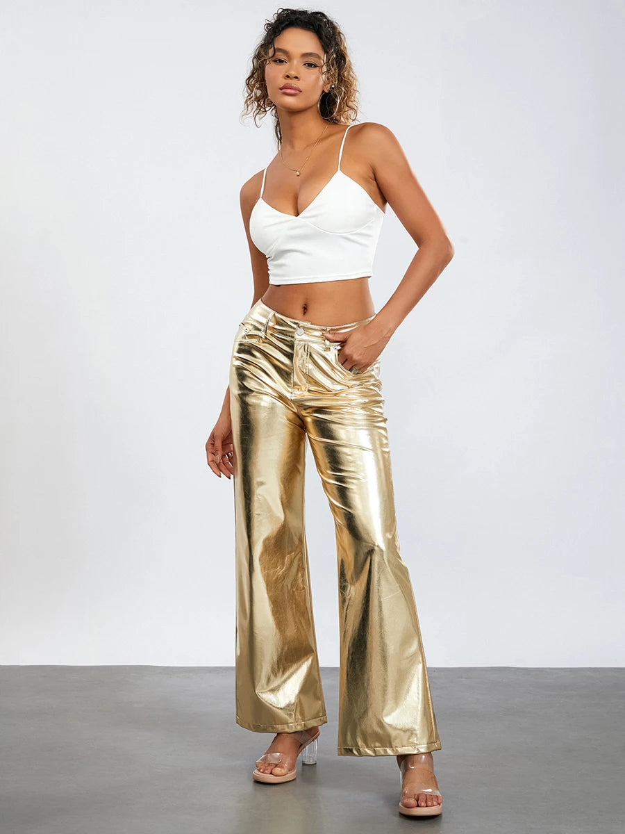 Women s Metallic Jeans Loose Low Waist Button Straight Leg Long Length Gold Trousers Glitter Pants with Front Pockets - Premium  from Lizard Vigilante - Just $38.99! Shop now at Lizard Vigilante