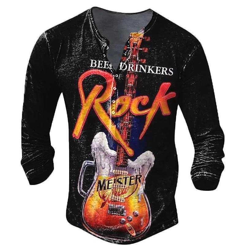 Vintage Men's T-Shirt Imitation Cotton Tee Rock Music Graphic Tees 3d Printed Long Sleeve Henley Shirt Oversized Men Clothing - Premium t-shirt from Lizard Vigilante - Just $24.99! Shop now at Lizard Vigilante