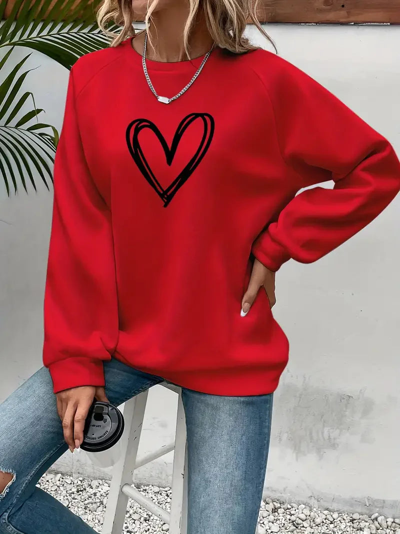 Heart Print Casual Pullover Sweatshirt for Women – Cozy Crew Neck, Fall & Spring Essential - Premium sweatshirt from Lizard Vigilante - Just $38.88! Shop now at Lizard Vigilante