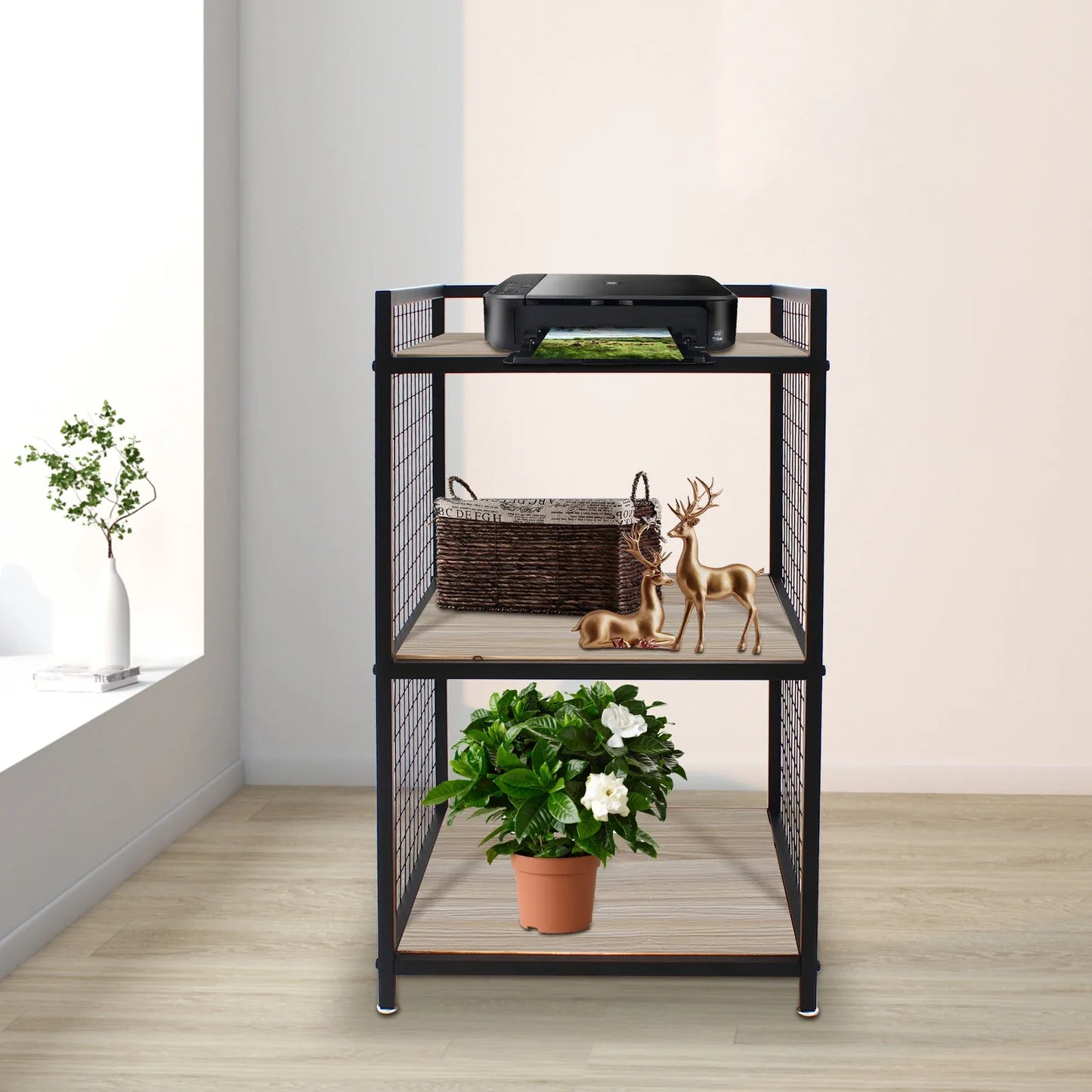 3-Tier Printer Stand Solid Wood & Iron, 44lbs Capacity, Space-Saving Design, Ideal for Office & Home Storage, Durable & Stylish