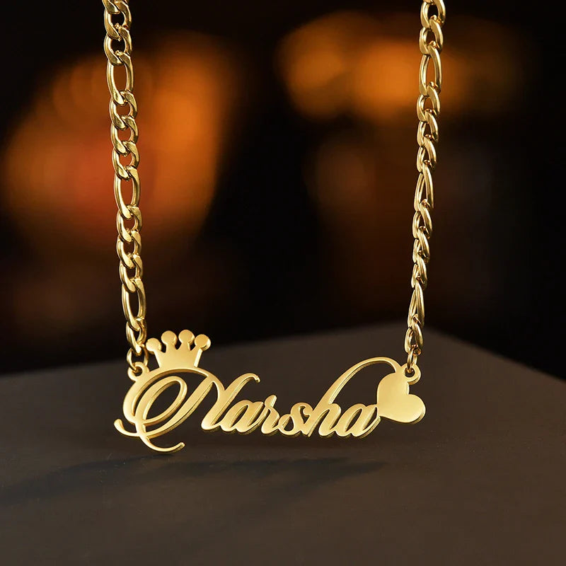 Goxijite Custom Name Collar Customized Crown Heart Nameplate Charm Necklaces Figaro Chain Stainless Steel Women Jewelry Gift