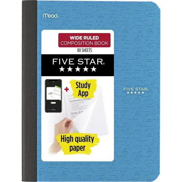 Five Star Tidewater Blue Composition Book with Study App 80 Wide-Ruled Sheets 7.5\" X 9.75\"