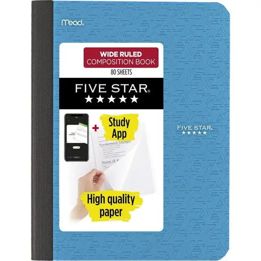 Five Star Tidewater Blue Composition Book with Study App 80 Wide-Ruled Sheets 7.5\" X 9.75\"