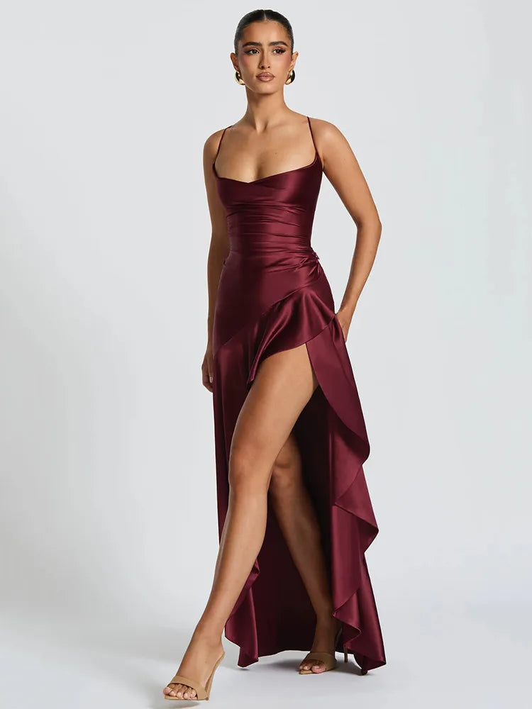 Articat Midnight Whisper – Spaghetti Strap Satin Maxi Dress with Side Split & Backless Heat