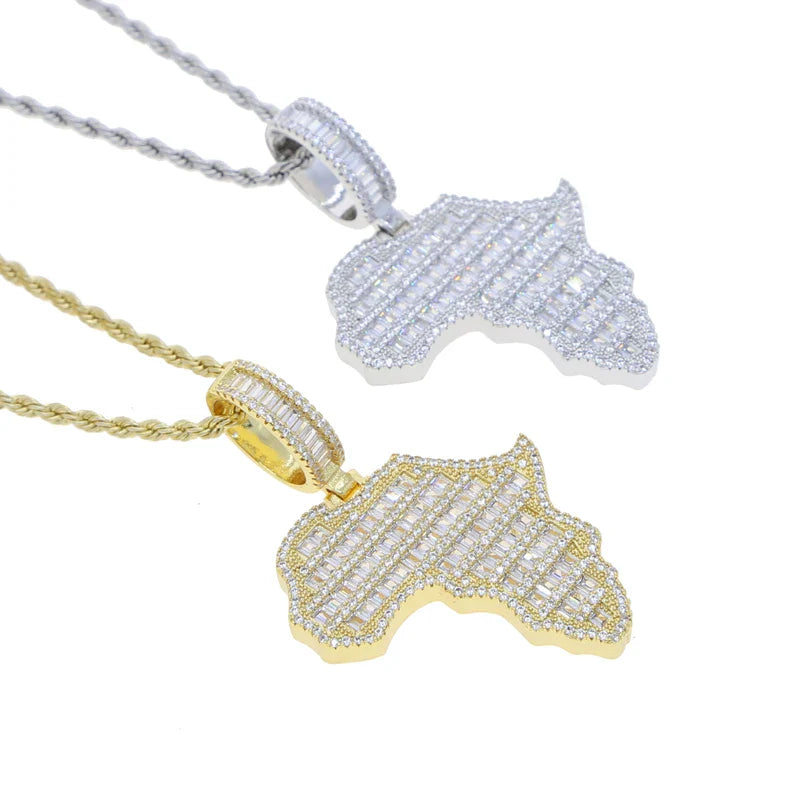 New Arrive Rectangle Cubic Zirconia CZ Paved Bling Africa Map Shaped Pendant Necklace Hip Hop Men Boy Cool Meaning Jewelry