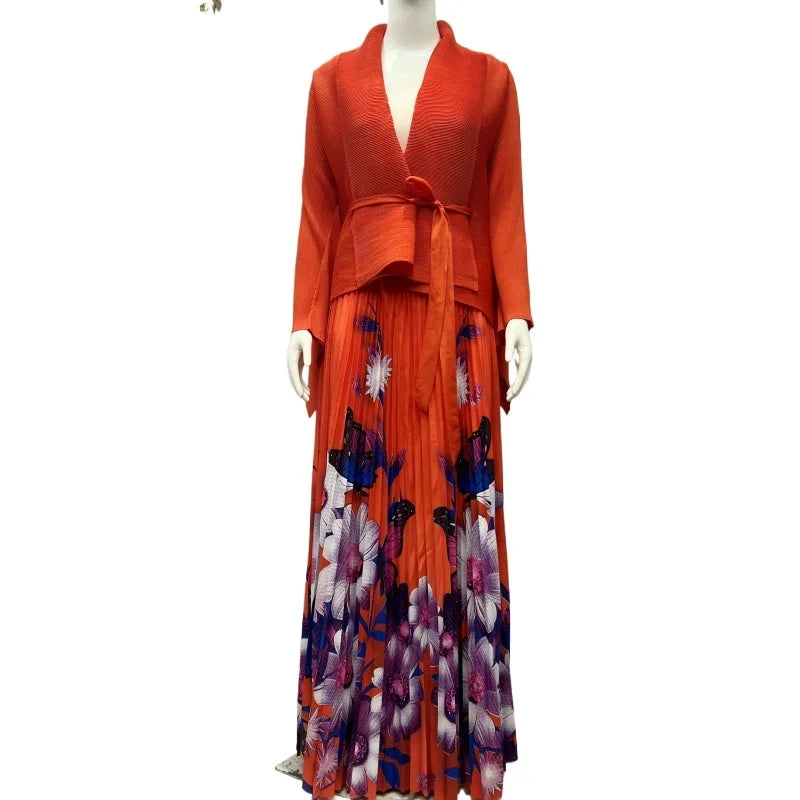 Miyake Pleated Women's Suit – Luxe Lace-Up Top with Printed Swing Skirt, Elegant 2-Piece Set for Sophisticated Summer Fashion - Premium dress from Lizard Vigilante - Just $84.99! Shop now at Lizard Vigilante