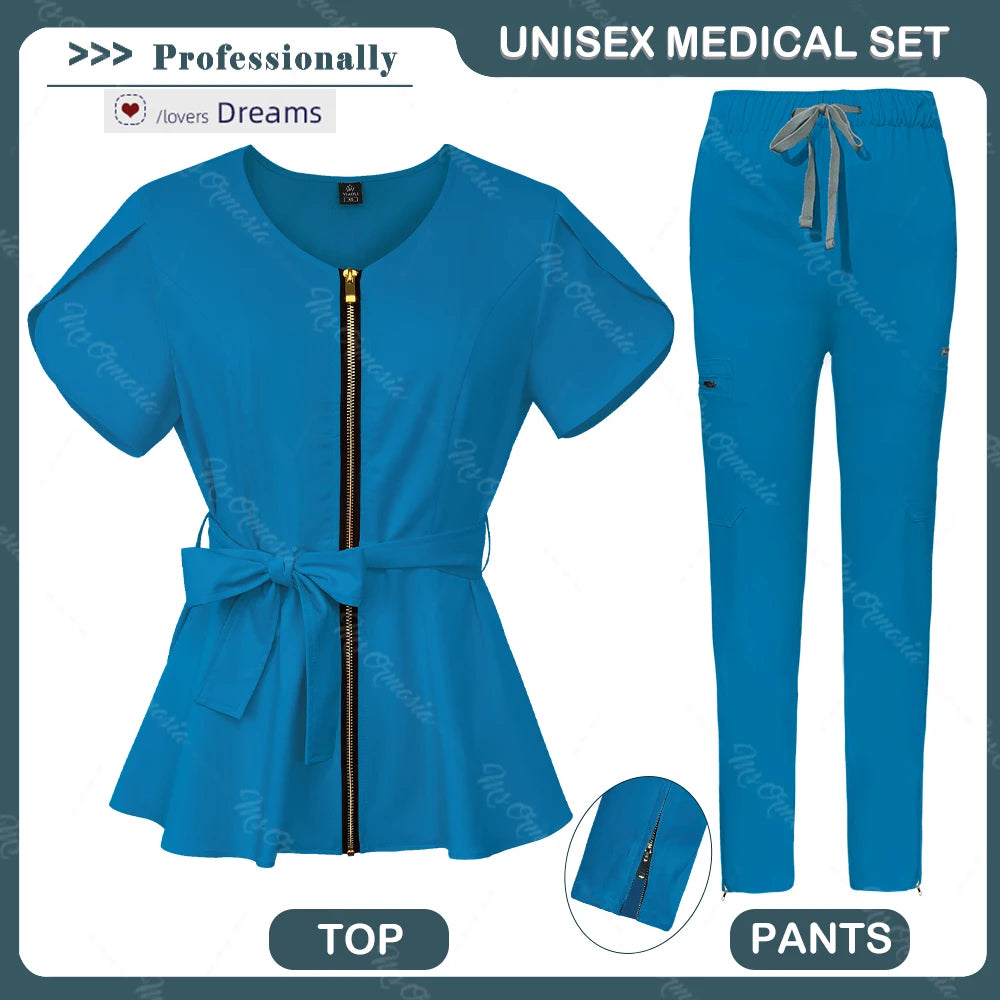 Unisex Medical Scrub Set | Fashionable & Breathable Beauty Salon & Nurse Uniform | Zipper Lapel Design - Premium scrubs from Lizard Vigilante - Just $58.88! Shop now at Lizard Vigilante