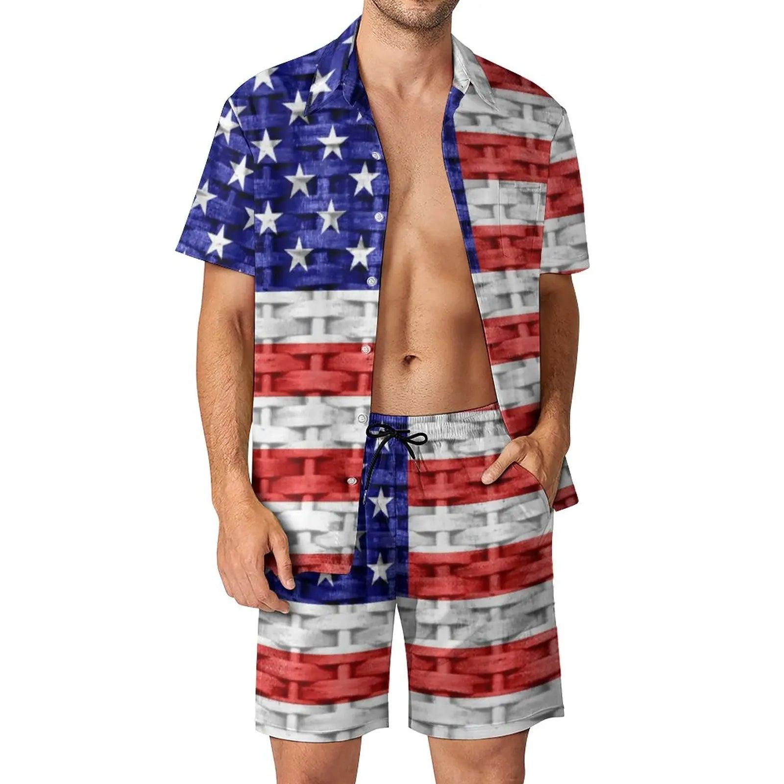 American USA Flag Fitness Outdoor Men Sets Patriotic Stars Stripes Casual Shirt Set Custom Shorts Aesthetic Suit Plus Size - Premium  from Lizard Vigilante - Just $34.99! Shop now at Lizard Vigilante