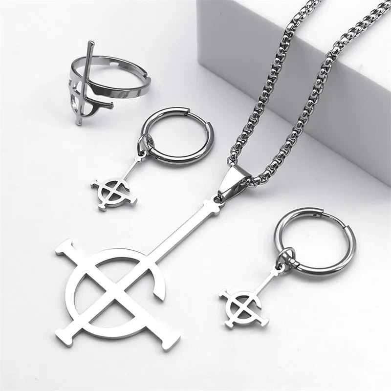 Stainless Steel Jewelry Set Ghost BC Rock Band Pendant Necklace The band Ghost Ghoul Chain Necklaces Fashion Earring Ring collar - Premium  from Lizard Vigilante - Just $7.99! Shop now at Lizard Vigilante