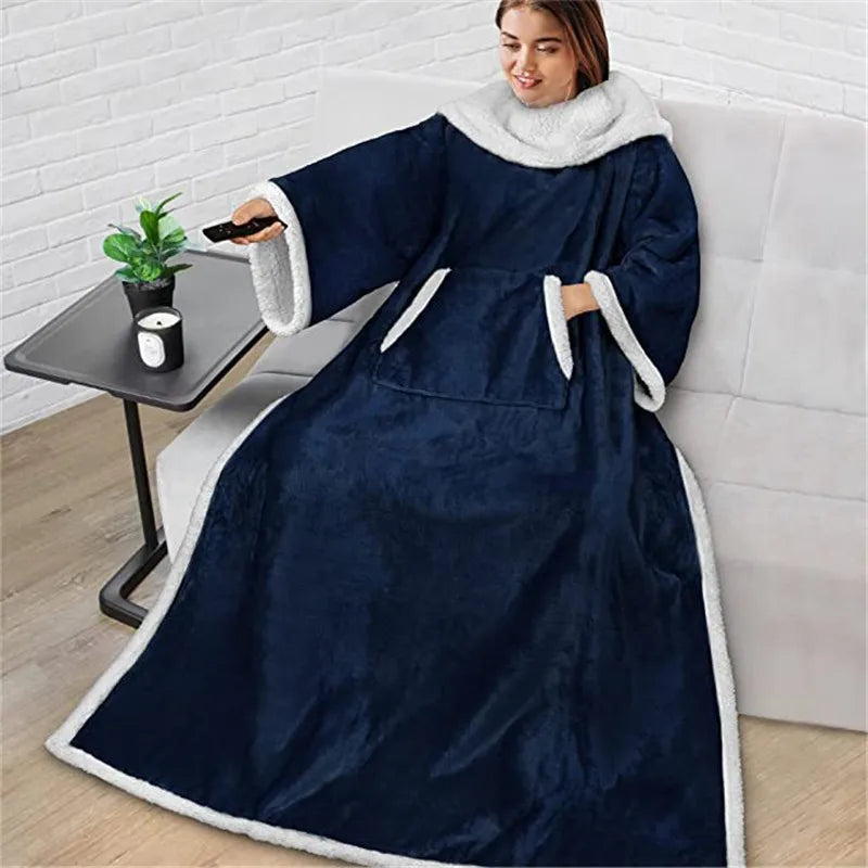 TV Sofa Blanket With Sleeve Flannel Home Wearable Blankets Men Women Multifunctional Lazy Blanket Winter Blue Adult Nap Blanket