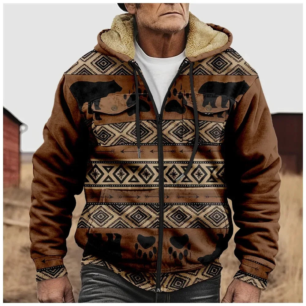 Retro Aztec Geometric Winter Jacket – Men's Plush Thick Streetwear Hunting Coat with Art Graphics & Fleece Lining - Premium jacket from Lizard Vigilante - Just $56.66! Shop now at Lizard Vigilante